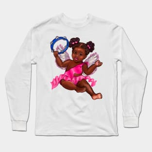 Black African American baby cherub in pink angel Long Sleeve T-Shirt